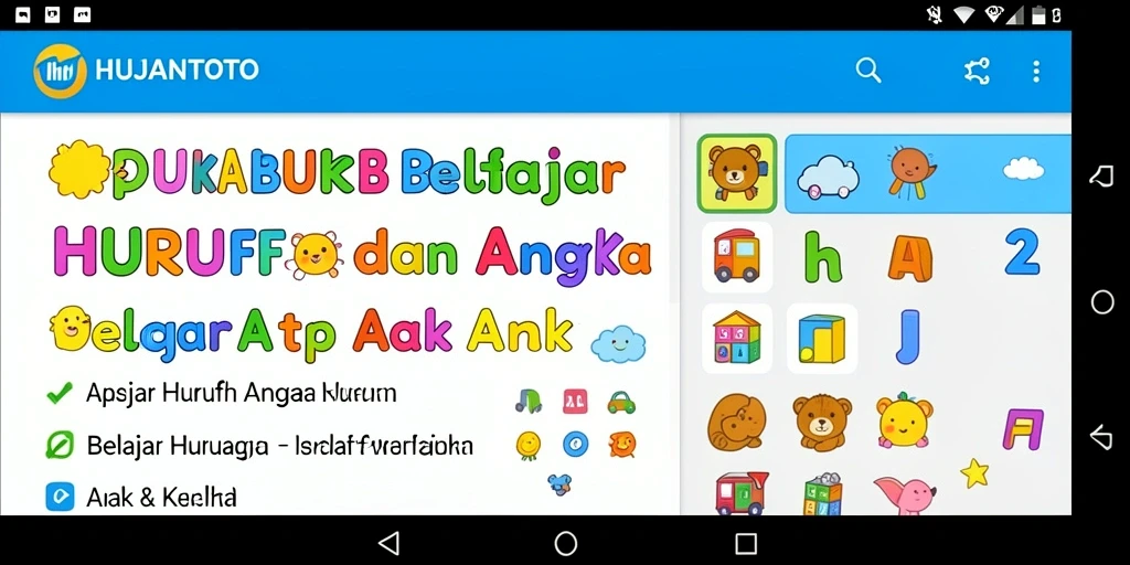 Antarmuka HUJANTOTO yang ceria dan edukatif untuk belajar huruf dan angka.