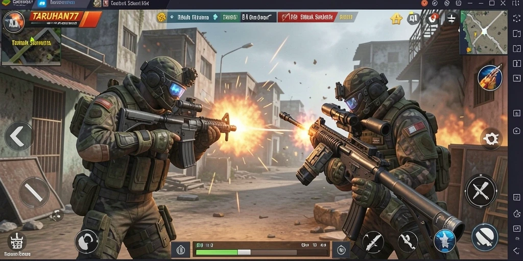 Screenshot TARUHAN77 menampilkan aksi menembak yang intens.
